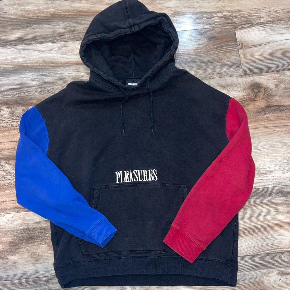 Pleasures Now Black Color Block Embroidered Pullover Hoodie Sweatshirt Medium